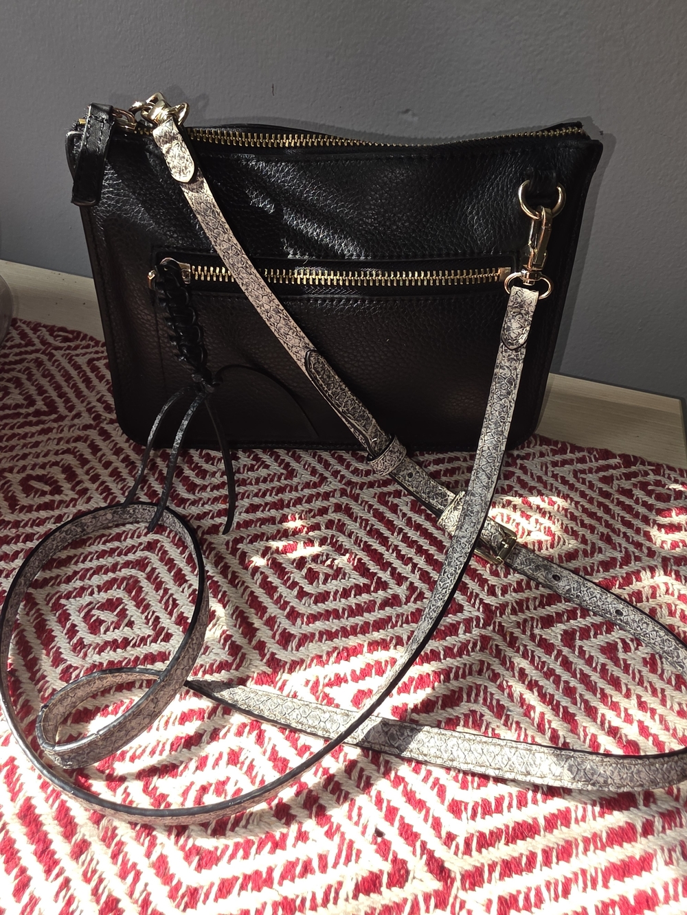 Vince Camuto Black Leather Crossbody with Patterned Strap